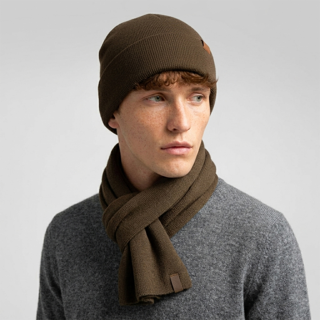 Model wearing a taupe knit beanie with a scarf