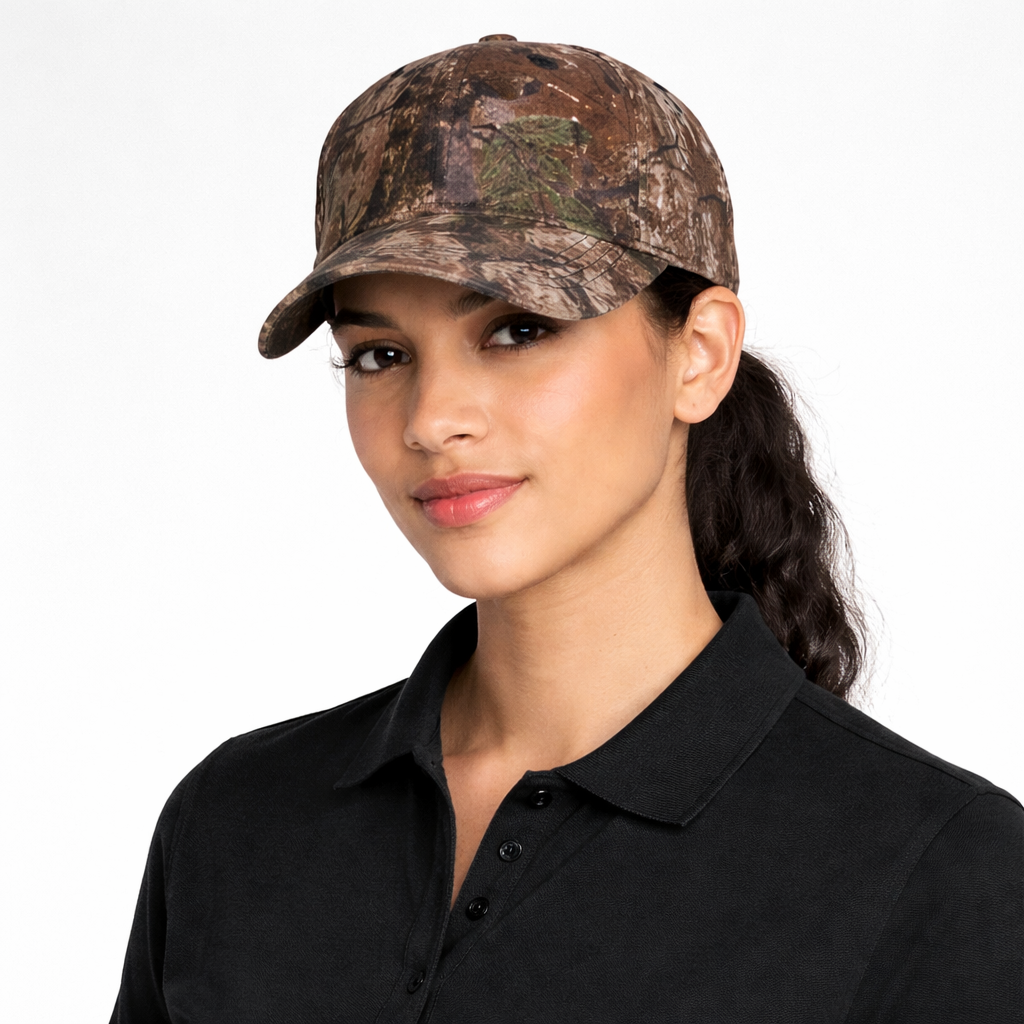 Model wearing a Leaflock camo cap
