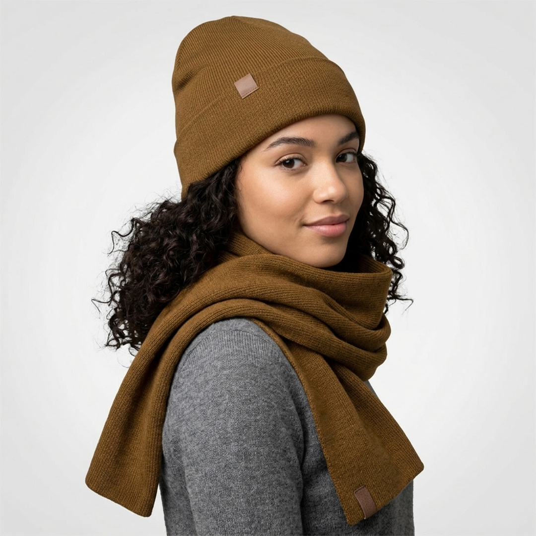 Model wearing a tobacco knit beanie
