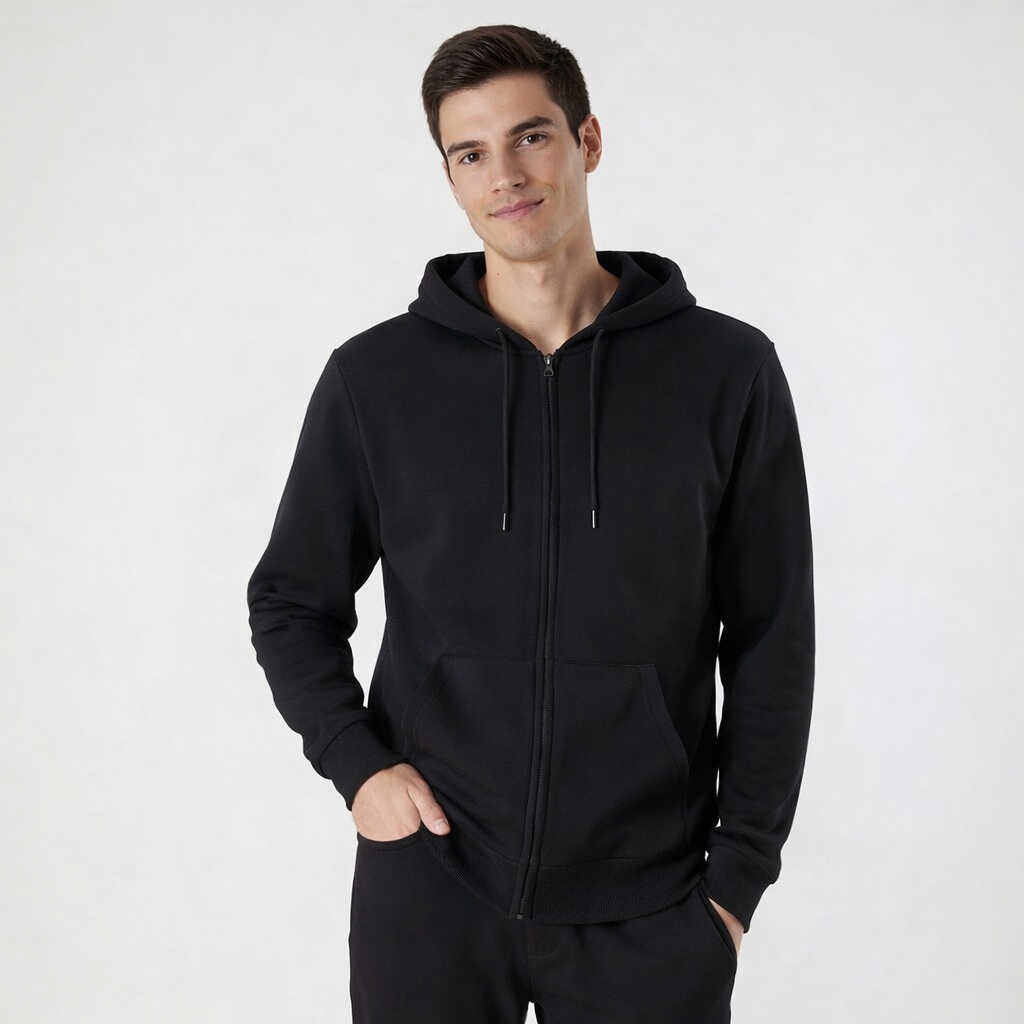 Model wearing a black Brooklyn Zipped Hoodie